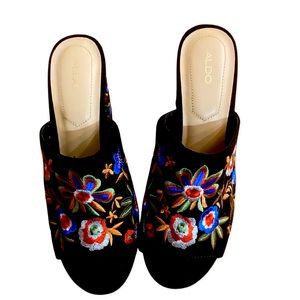 Black Aldo sandals with floral motif